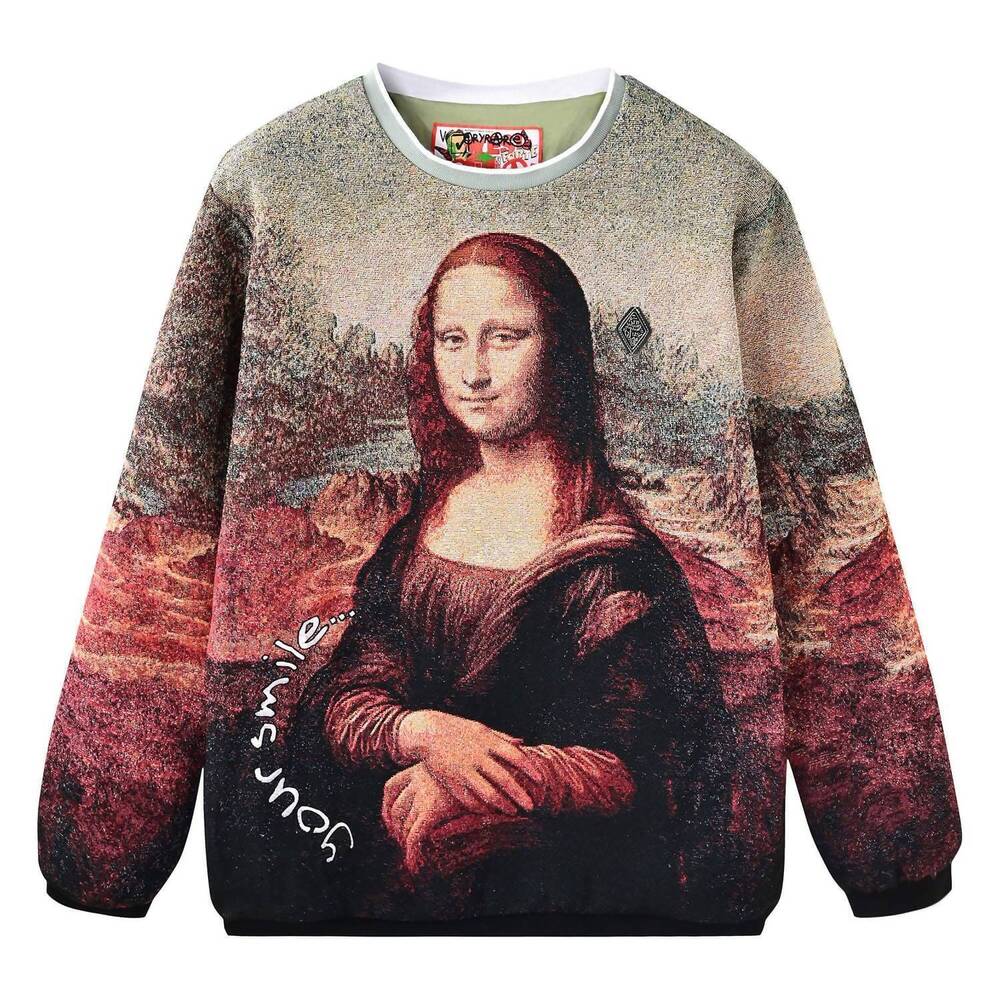 NEW VERY RARE men's long sleeve jacquard mona lisa sweater in red multi